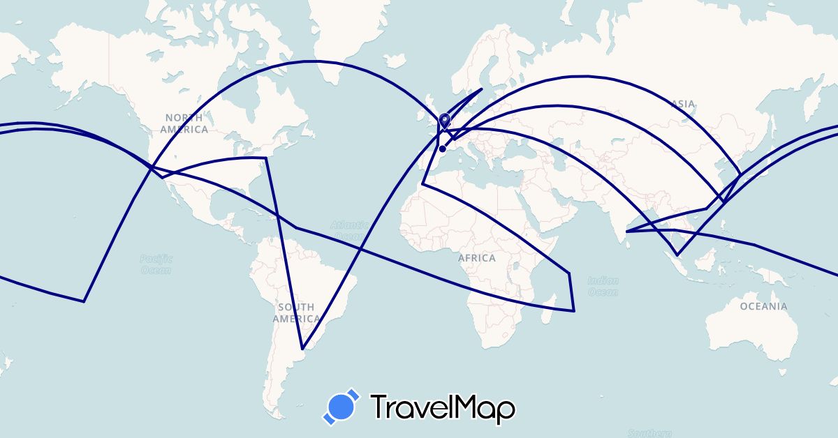 TravelMap itinerary: driving in Argentina, Belgium, Switzerland, France, United Kingdom, Hong Kong, India, South Korea, Morocco, Martinique, Mauritius, Malaysia, French Polynesia, Palau, Seychelles, Sweden, Thailand, Taiwan, United States (Africa, Asia, Europe, North America, Oceania, South America)